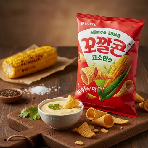 Snack Lotte Kkokkalcon Choclo Asado – Bocadillo Coreano de MaĂz en Cono desde 1983