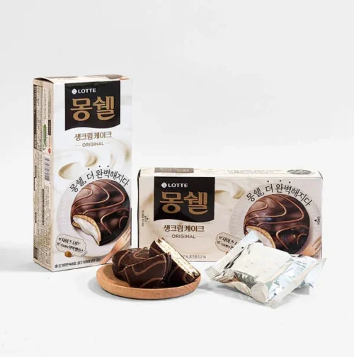 Pastel de Chocolate Relleno Crema Blanca Lotte Mongshell Dream Cake Original 6 Unidades – Snack Coreano Premium Clásico